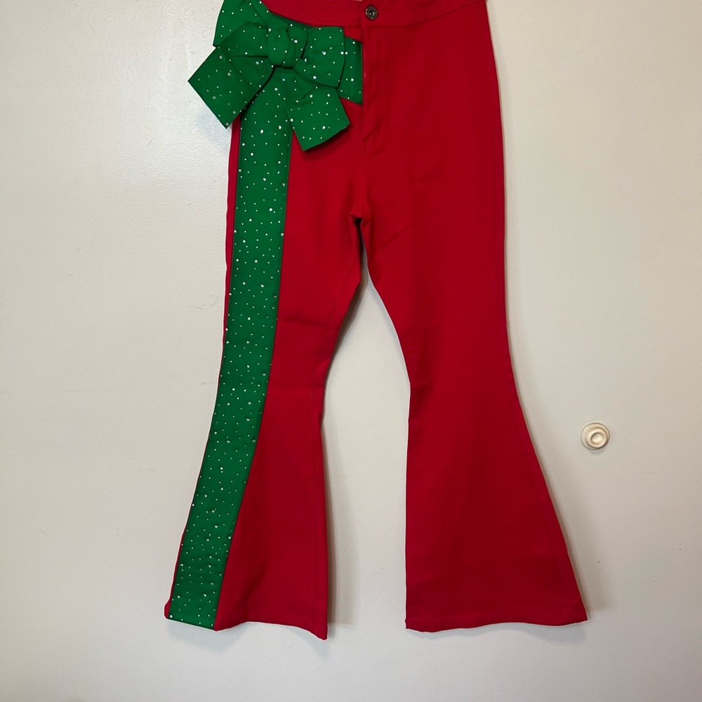 Judith March Red Flare Pants with Green Side Bow. Medium. NWOT